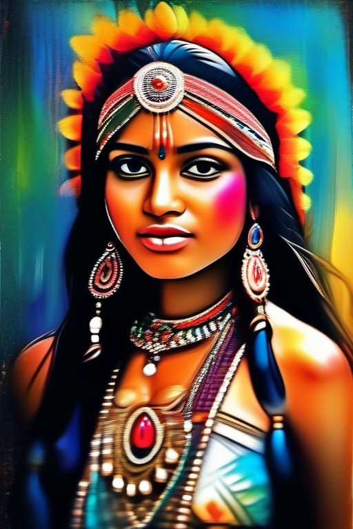 Art nouveau, a very beautiful Indian glamorous tribal girl, color splash and color leaking, impasto painting background, 3D, HDR