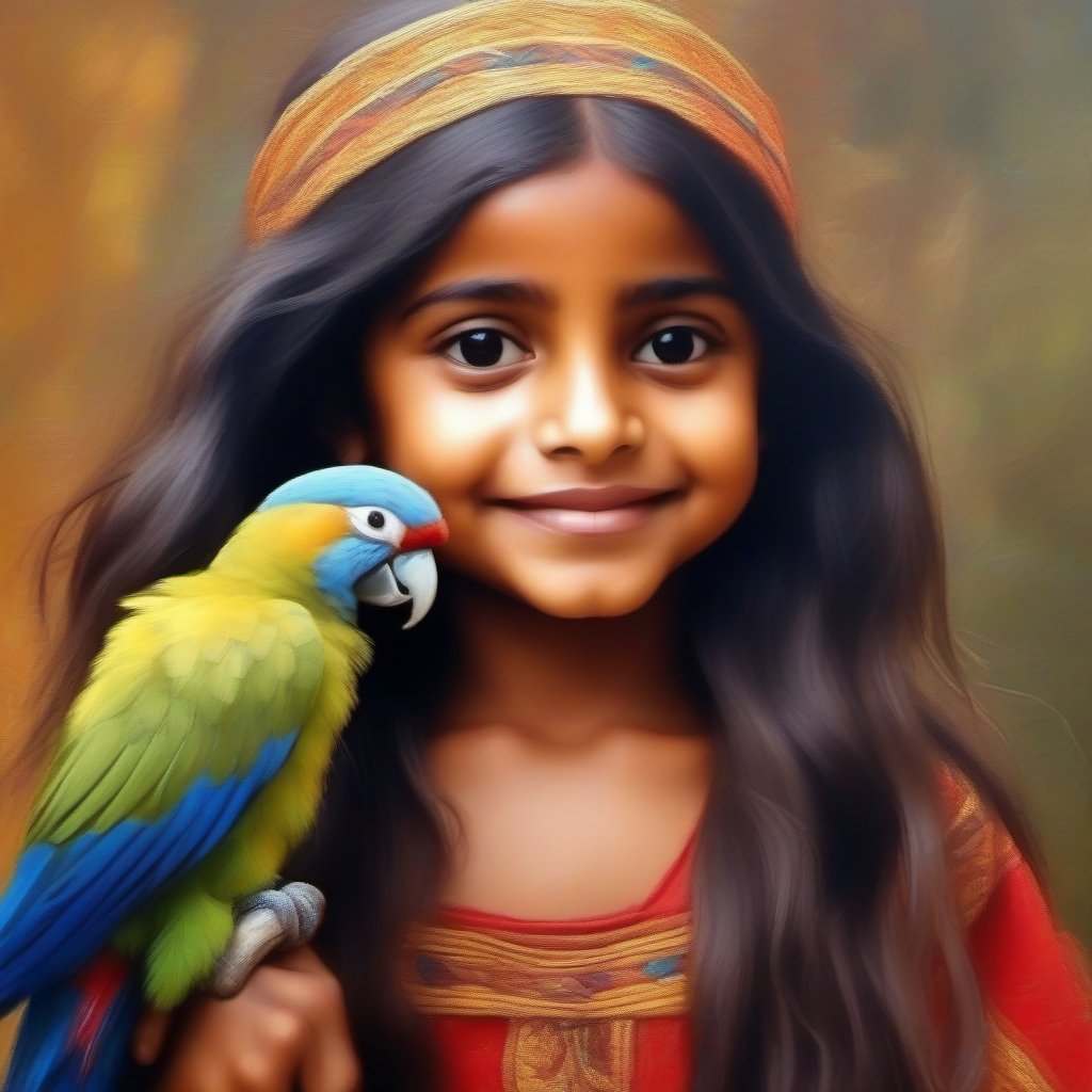 Share a funny or whimsical image in impressionist style,  Indian little oval face girl with her big parrot  in 3D, hyper realistic sharp, 16K
