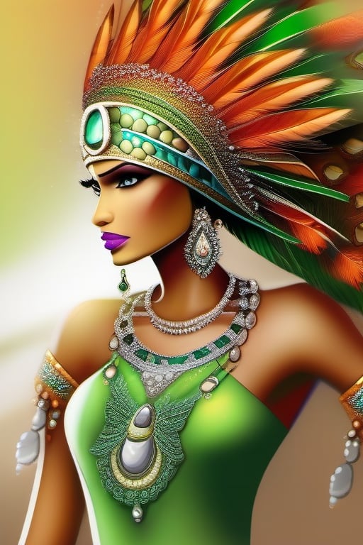 digital illustration of a fashionably dressed Indian wearing an ornate hat adorned with colorful feathers and  gems, the background has a cracked, abstract textures with shades of orange and green, creating a sunlit effect behind her. The woman has striking green eyes, full lips, adorned with intricate jewelry and detailed, stylized dress, the image is in 3D, hyper detailed, 16K, super sharp
