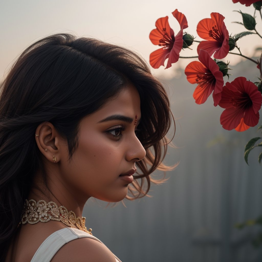 Create a side view of Indian woman face in a flowing dress made of intricately designed red white hibiscus flowers troubled mood, dark colored hazy background with a streak of orange light  coming in front from the back and glowing side face, 3d, intricate, sharp, photo realistic, 16K
