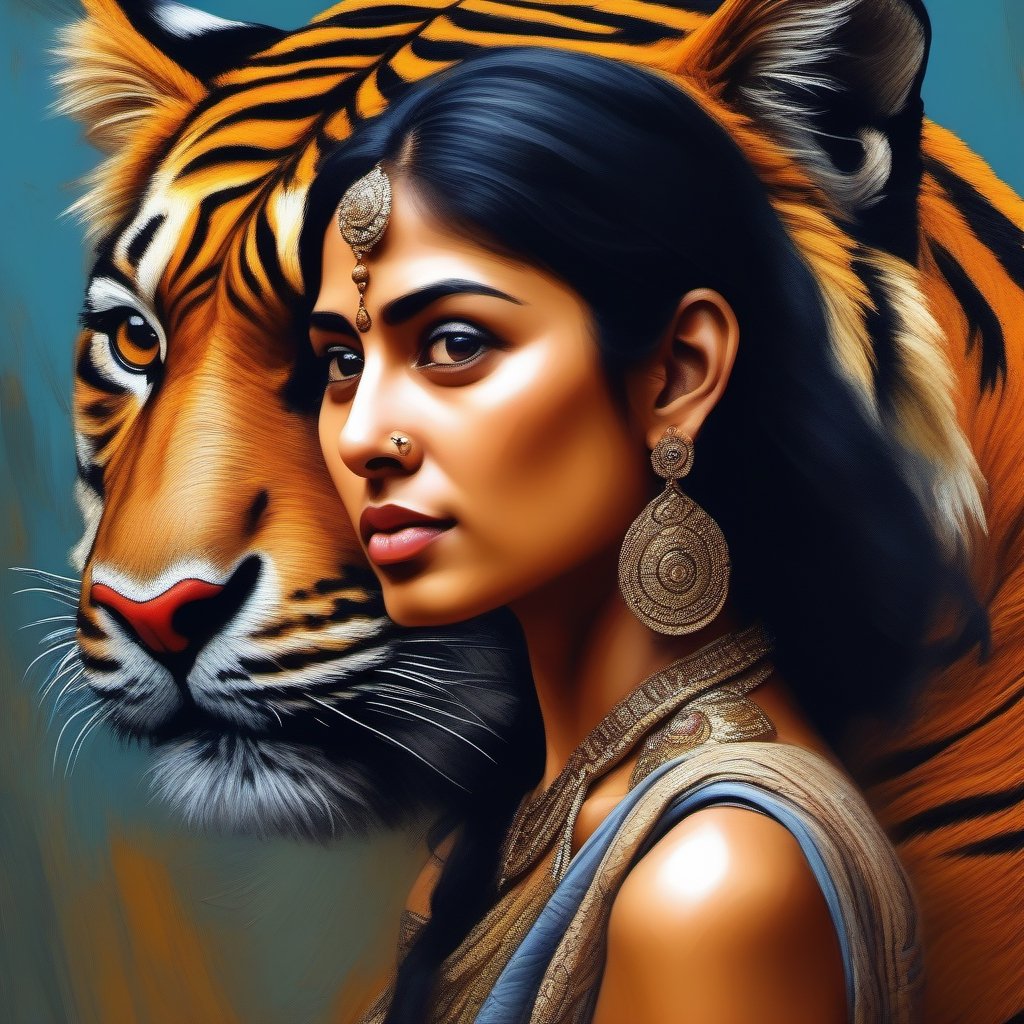  highly detailed digital impasto painting, aphotorealistic painting od an Indian woman with a tiger on her shoulder behind her head, artgem, art photography, hyper sharp,