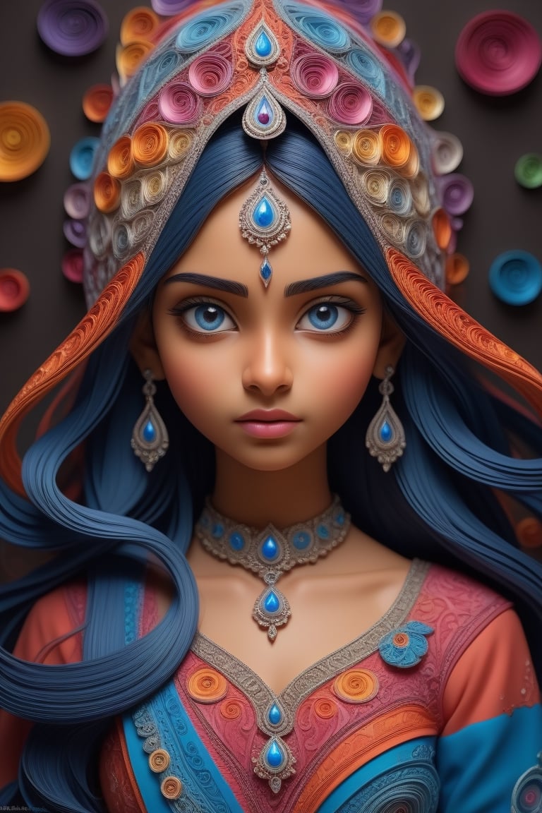 Fractal desing, paper layering and quilling techniques, beautiful Indian 16 years girl, coverred in Muslim clothes and tranformed into flowing streams of papeer cuts and colorful shapes, anatomically correct, hyperdetailed, hyperrealistic, 3d, sharp blue eyes, HDR, ,<lora:659095807385103906:1.0>