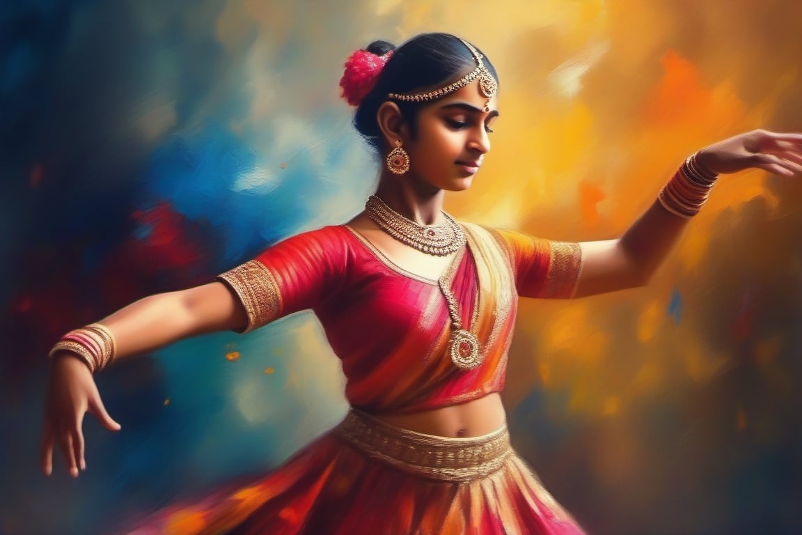 Capture the grace and vibrancy of a teenage Indian classical dancer in the midst of a captivating performance through a mesmerizing oil painting, impressionist, color leak, 4K, cinematic look, HD, detailed, sharp, photorealistic
