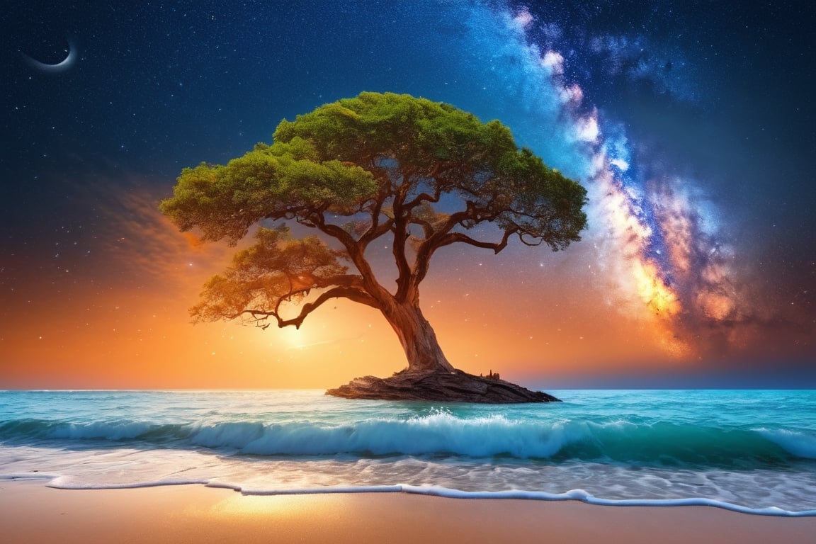 Seascape, milky way sky, blue orange sky, water tide, orange sand, fantasy looking scene, 4k, HD, sharp details, cinematic look, photographic HD, vibrant colors, flying birds, one big tree againt light, seven horses running in the water facing front