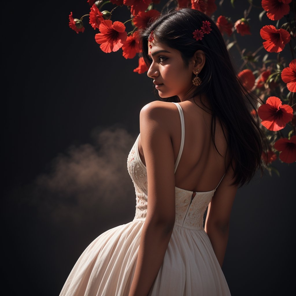 Create a front view of Indian woman face in a flowing dress made of intricately designed red white hibiscus flowers troubled mood, dark colored hazy background with a streak of orange light  coming in front from the back and glowing side face, 3d, intricate, sharp, photo realistic, 16K
