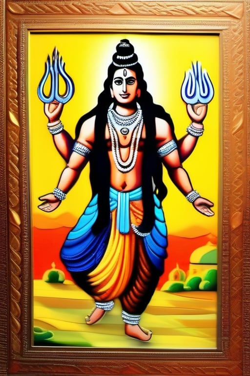 front smart faced, Lord Shiva  is walking in front, vibrant artistic painting, impasto, embossed images in paper cuts