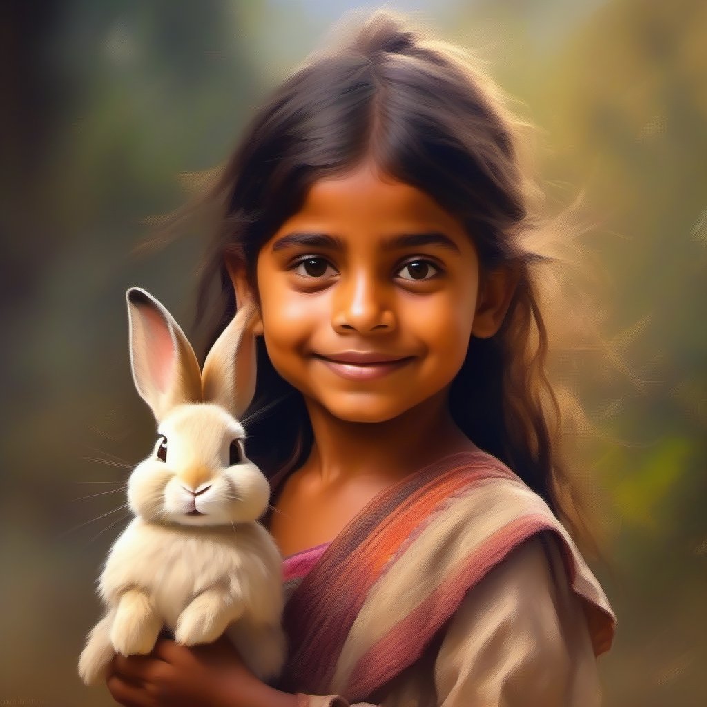 Share a funny or whimsical image in impressionist style, like cartoon of Indian little girl with her rabbit  in 3D, hyper realistic sharp, 16K
