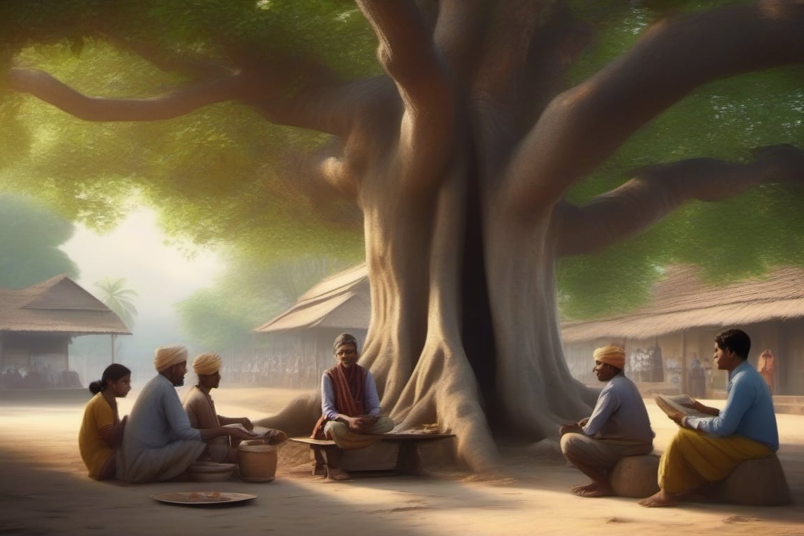 An Indian village scene from 1900, with a large banyan tree, with a cemented seat at the foot of the tree, and some people sitting and chatting, near the base of the tree, some are reading newspapers. A tea seller in the background., 4K, cinematic look, HD, detailed, sharp, photorealistic
