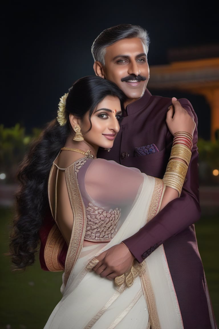 best quality, masterpiece, detailed, realistic, photo-realistic, 35mm film, HDR, 4k, cinestill 800, sharp focus, 8mm film grain, Highres:1.3), head n shoulder shot, bursty, Indian couple , oval face, focusing on camera, pussy, leaning, cleavage, detailed masculine, realistic body, detailed eyes, detailed face, ultra high details, masterpiece,perfecteyes ,Indian, designer Saree, saree color black white transparaent, maroond bordered, one third view, side face