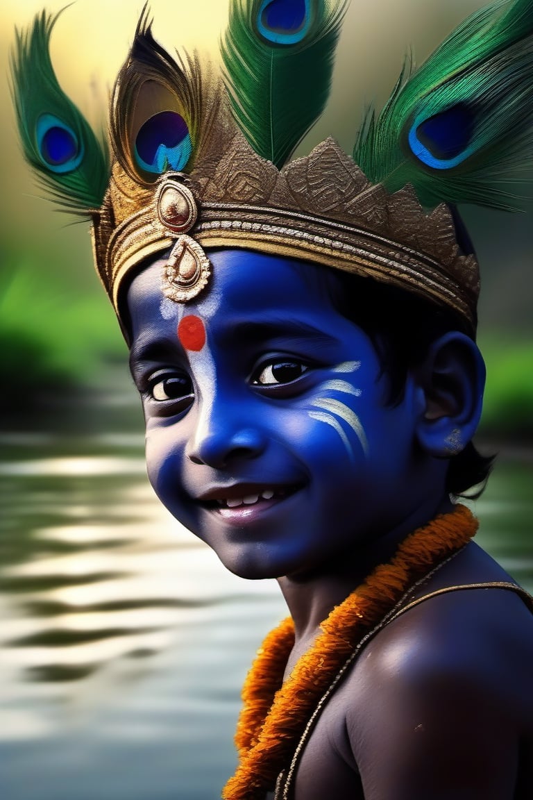 A young lord Krishna, with his dark blue skin and peacock feather crown, is enjoying a playful day with his friends in Mathura. They run and laugh along the banks of the Yamuna river, splashing water at each other and stealing glances at the gopis. The sky is overcast with dark clouds, but the sun occasionally breaks through, creating a mystical atmosphere. The scenery around them is lush and green, with fragrant flowers and ripe fruits. The sound of flutes and drums fills the air, as the villagers celebrate the arrival of the monsoon season. 4K, cinematic look, HD, detailed, sharp, photorealistic
