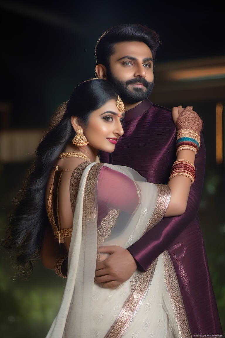 best quality, masterpiece, detailed, realistic, photo-realistic, 35mm film, HDR, 4k, cinestill 800, sharp focus, 8mm film grain, Highres:1.3), head n shoulder shot, bursty, Indian couple , oval face, focusing on camera, pussy, leaning, cleavage, detailed masculine, realistic body, detailed eyes, detailed face, ultra high details, masterpiece,perfecteyes ,Indian, designer Saree, saree color black white transparaent, maroond bordered, one third view, side face