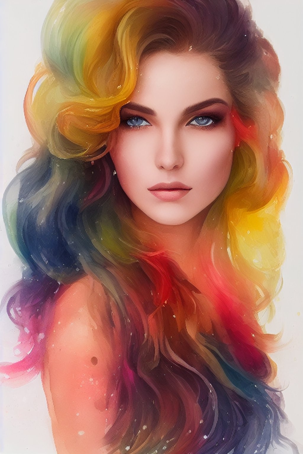 Colorful beautiful woman, a woman 18-years old, multiple colors messy hair, watercolor, nice perfect face, multiple colors, intricate detail, splash screen, 8k resolution, masterpiece, cute face, art station digital painting smooth very black ink flow, 8k resolution photorealistic masterpiece, intricately detailed fluid gouache painting, calligraphy, acrylic, watercolor art, professional photography, natural lighting, volumetric lighting maximalist, complex, elegant, expansive, fantastical, inkling girl, oval face, sharp eyes, curli thick hair