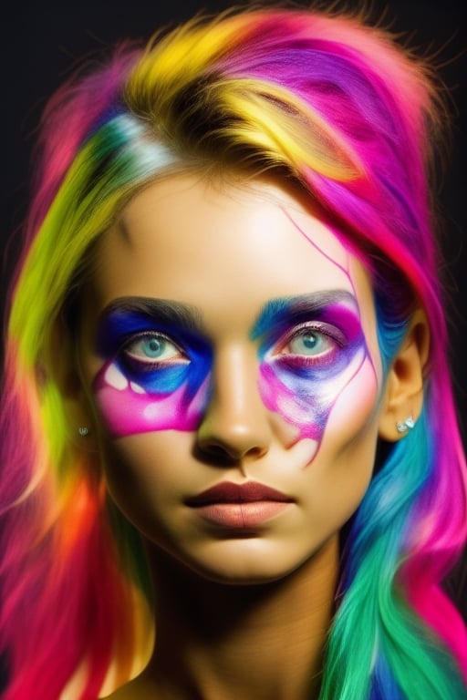 Make painted face of a beautiful yound girl with colorful hair portrait, HD, cinematic look, photographically superp, sharp eyes,