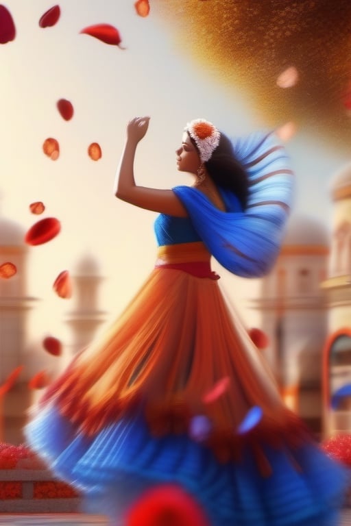 blue, red, white and orange bonnet in full bloom, petals are dancing in the wind, petals gradually transform into a woman dancing in the air and woman's dress, close up, a fantabulous sight, bokeh, hyper realistic HD, 3D, photorealistic, Indian look