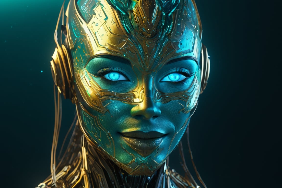 impossibly beautiful portrait of nebula (Guardian of the galaxy) in which the Irish is made of an thin arrangement of strands of metal, nanotechnology, which forms a high-tech electronic circuit, and the head is made of a robotic sensor, teal and gold, insane smile, intricate complexity, surreal horror, inverted neon rainbow drip paint, trending on art station, photoreal, 8 k, octane render by greg rutkowski