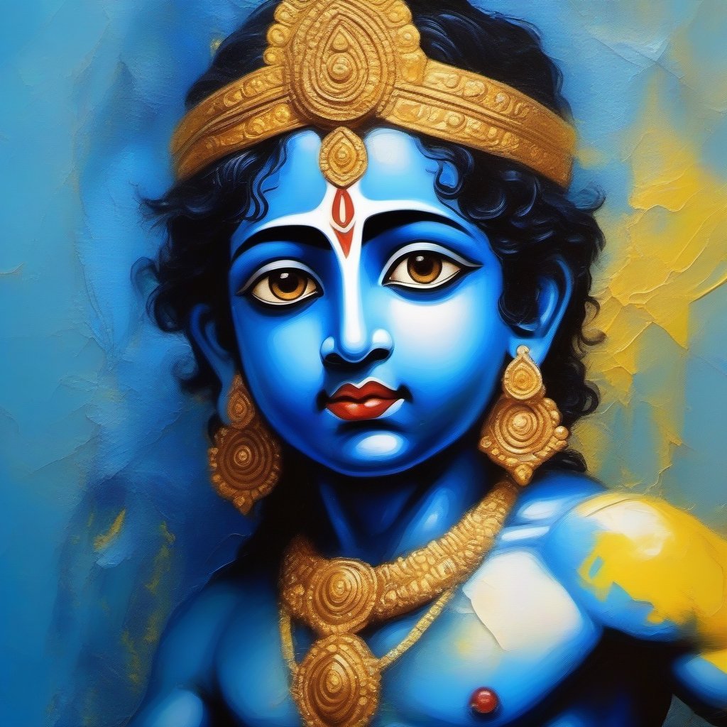 Hindu God Krishna , closeup, sharp eyes, light blue skin, half face, cracked oil painting with visible lines yellow blue impasto background, 16k, super high quality, hyper realistic
