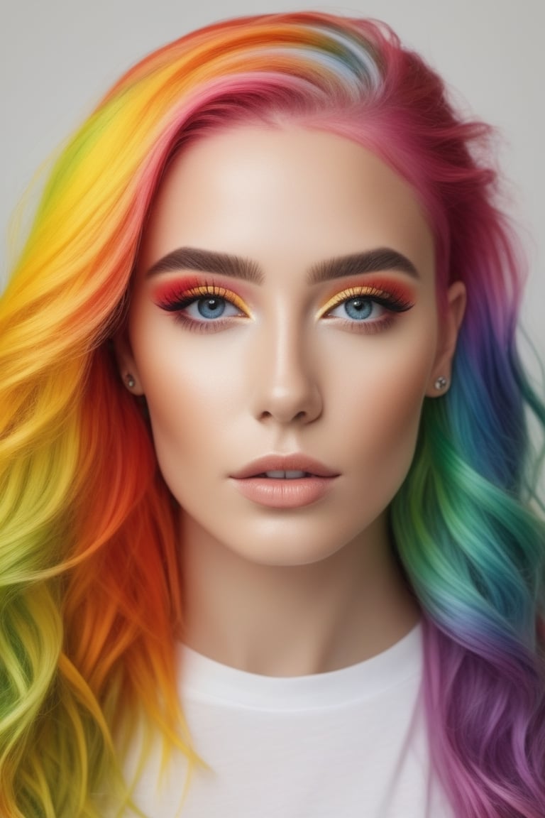 Beautiful portrait, hyperrealistic model with colorful hair and a rainbow