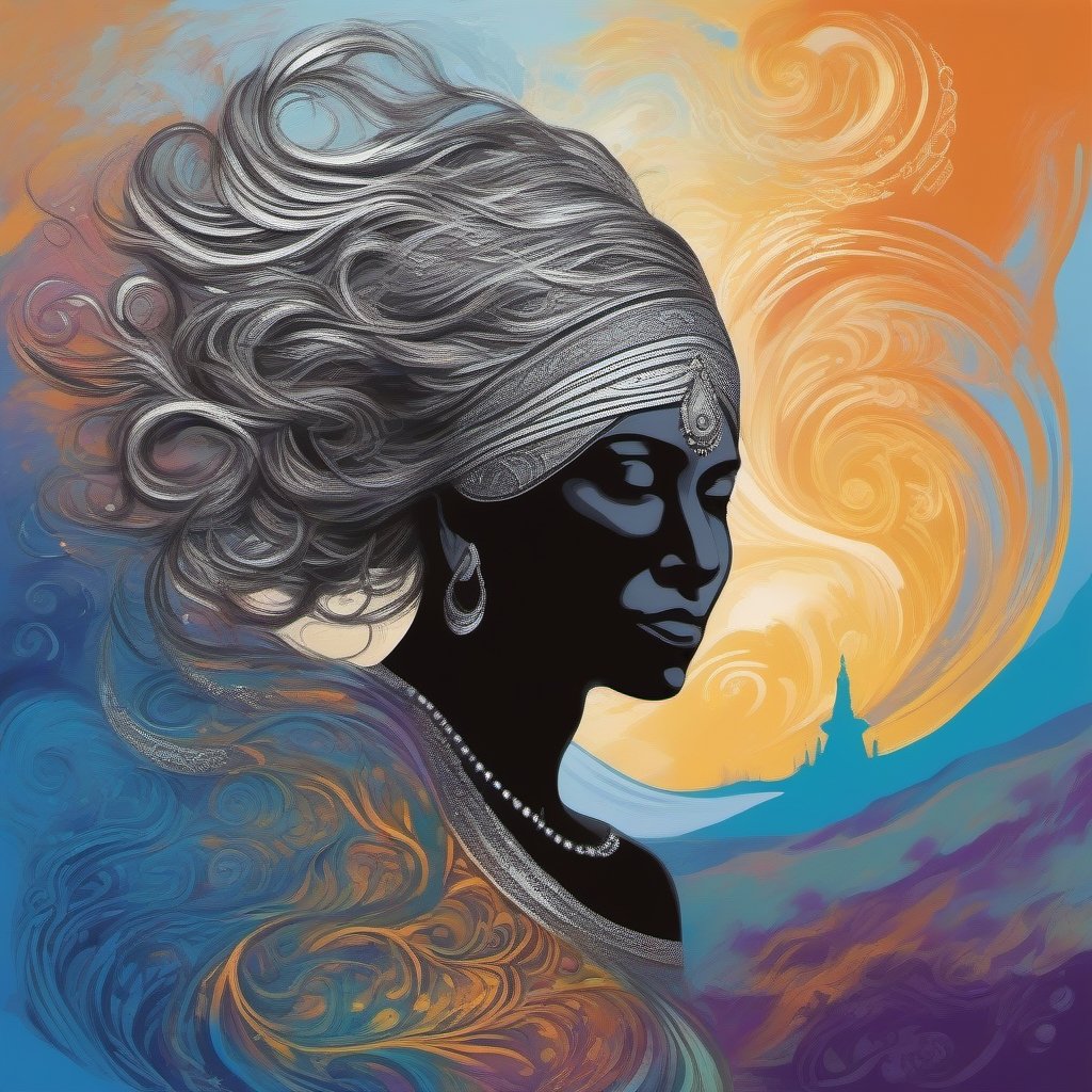 create a highly detailed stylized image of a silhouette of an Indian woman with delicatedly flowing hair within a beautiful ethereal landscape with intricate silver pattern intertwined with abstract musical elements swirling through the background of sharp vibrant colors and impasto paint