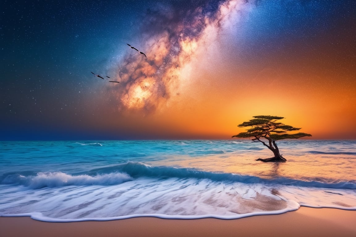 Seascape, milky way sky, blue orange sky, water tide, orange sand, fantasy looking scene, 4k, HD, sharp details, cinematic look, photographic HD, vibrant colors, flying birds, one big tree againt light