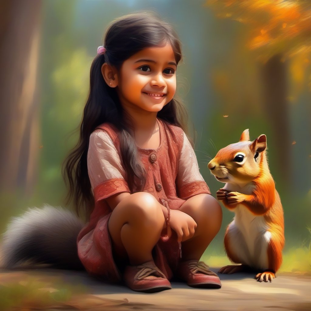 Share a funny or whimsical image in impressionist style, like cartoon of Indian little girl with her squirrel in 3D, hyper realistic sharp, 16K
