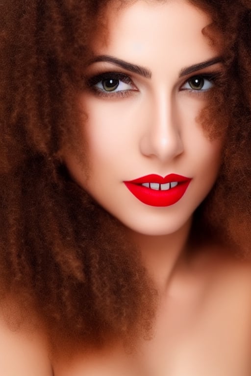 Beautiful young Muslim girl with curly hair, sharp eyes, red lips, HD quality, high resolution, painted face, one third attractive figure