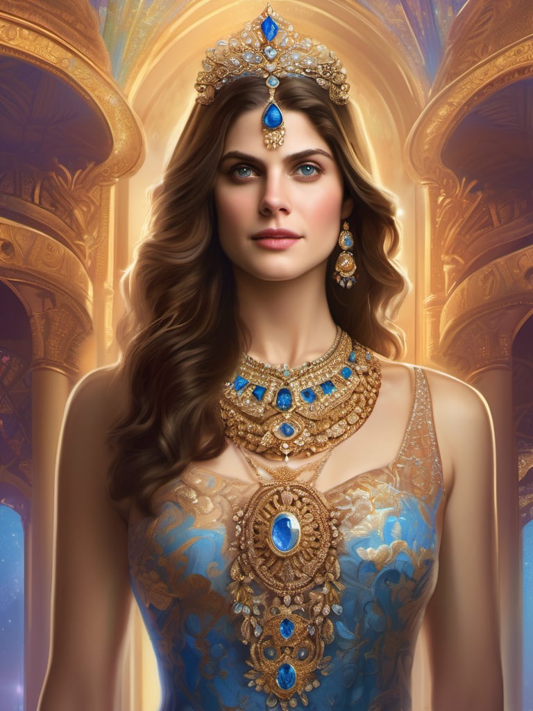 (a matte painting of an ultra-realistic clear and detailed figure of Alexandra Daddario), adorned with the most renowned sparkling stones and a necklace by the crown jewel collections of royals around the globe, ((full body pose, intricate work of magical art, intricate, elegant smile, sensual, highly detailed, digital painting, art station, concept art, sharp focus, illustration, 8k, art by well-known artists, trending on behance, trending on devian art))