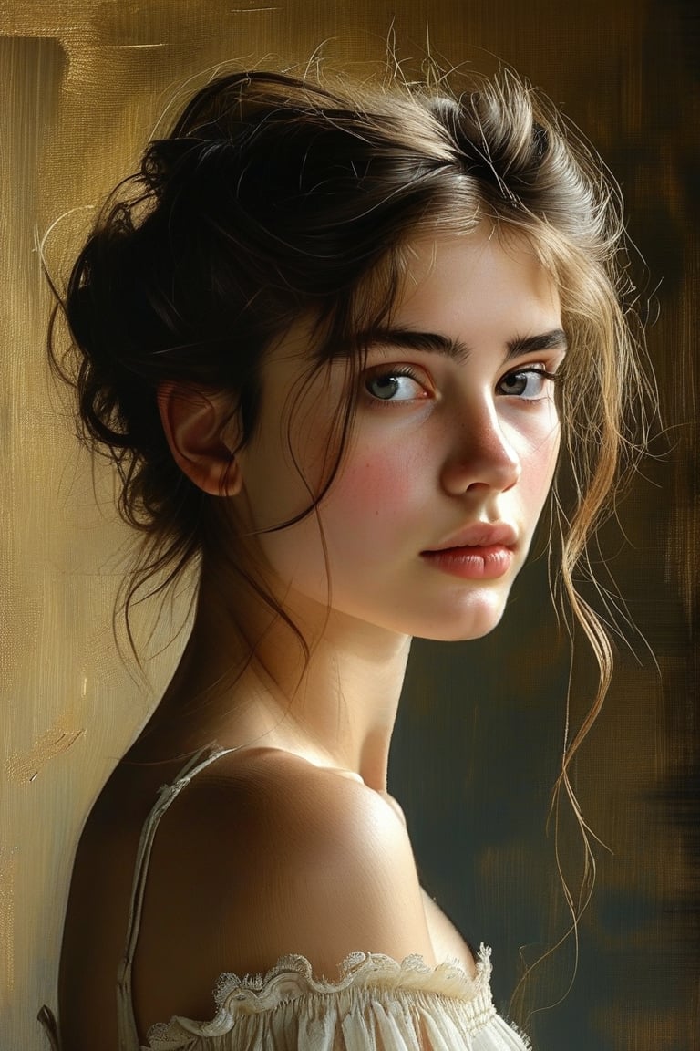 A stunning and captivating portrait of a 21-year-old French woman with a fair complexion and dark hair in a loose updo. Her intense,mesmerizing gaze directly connects with the viewer, creating a powerful emotional bond. The masterful interplay of light and shadow enhances her facial features and skin texture, while the artist's skillful rendering of hair strands adds to the overall realism. Set against a rich gold background, the absence of context or background story emphasizes the subject's quiet intensity, making her the undeniable focus of the artwork and showcasing the artist's exceptional talent.