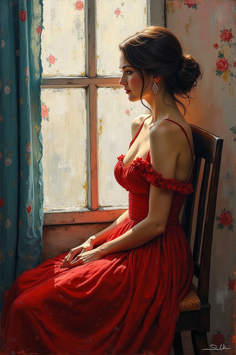 a painting of a woman sitting near a window, in the style of beautiful women, playfully intricate, heavy impasto, i can't believe how beautiful this is, romantic flair, close-up --ar 7:13 --stylize 750 --v 6