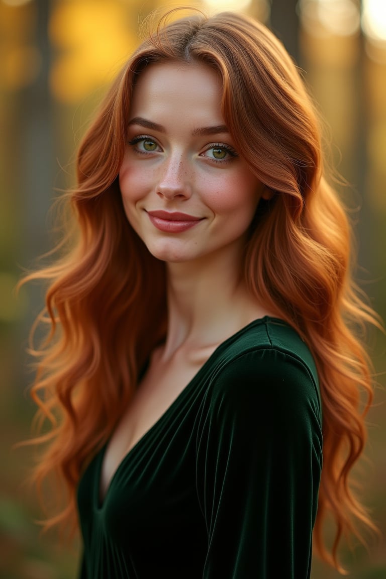 A hyper-realistic portrait of a young woman with almond-shaped green eyes and long wavy auburn hair. Her skin has a natural, soft glow, with faint freckles across her cheeks. She is wearing a dark green velvet dress, standing against the backdrop of an autumn forest, with golden sunlight filtering through the leaves. The light casts delicate shadows on her face, emphasizing her high cheekbones and full lips, which are gently smiling. Photographed with a shallow depth of field, focusing sharply on her face while the background is beautifully blurred.