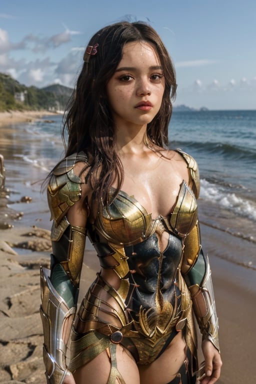 (8k, 3D, UHD, highly detailed, masterpiece)    ,mera from aquaman , green full body  armour, beach in the background, intricate complexity, 8k resolution, octane,   • Intricately detailed render, hdr+, photoreal, hyperreal, masterpiece, perfect anatomy, hyper  realistic  hands,small perky breasts,muscular body, perfect highly detailed  hand anatomy, ,neon_genesis_girl, ,nvwashi,Orochi_Shermie,mecha_girl_figure,,futureaodai,Jenna Ortega , beautiful, flawless features,