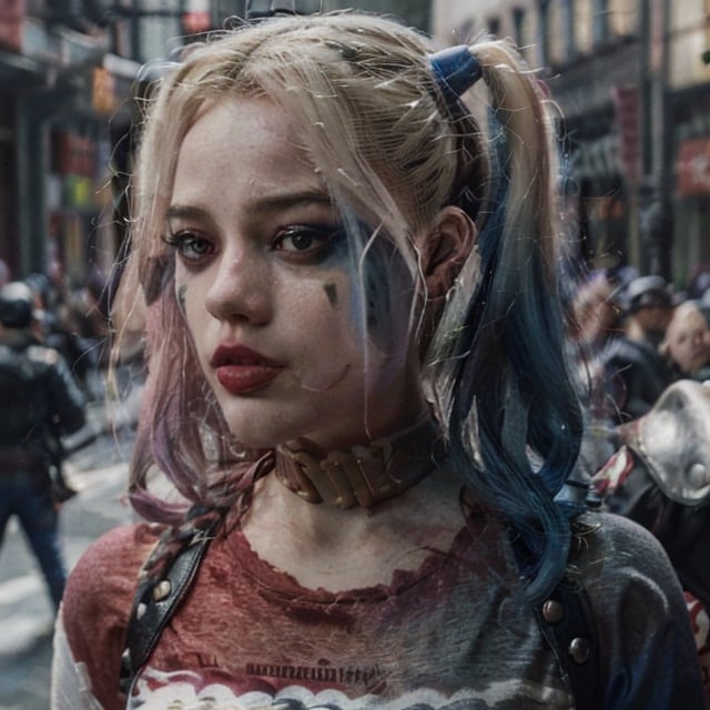 (8k, 3D, UHD, highly detailed, masterpiece) harley quinn,intricate complexity, 8k resolution, octane,   • Intricately detailed render, hdr+, photoreal, hyperreal, masterpiece, perfect anatomy, hyper  realistic  hands,small perky breasts,muscular body, perfect highly detailed  hand anatomy, ,neon_genesis_girl, ,nvwashi,Orochi_Shermie,mecha_girl_figure,,futureaodai,Jenna Ortega , beautiful, flawless features,Harley,harleyquinn