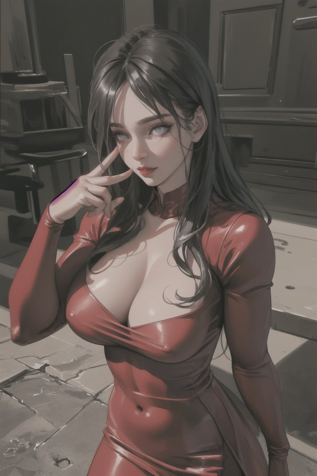 Best quality,fullbodyshot,cleavage , realistic eyes ,detailed eyes, photo realistic image 
 detailed face , gothic,noir,red dress muscular the same wpman, dress , body, realistic hands 4 fingers and a thumb on each hand, shiny hair, breasts firm, muscles strong and firm, dress tight
