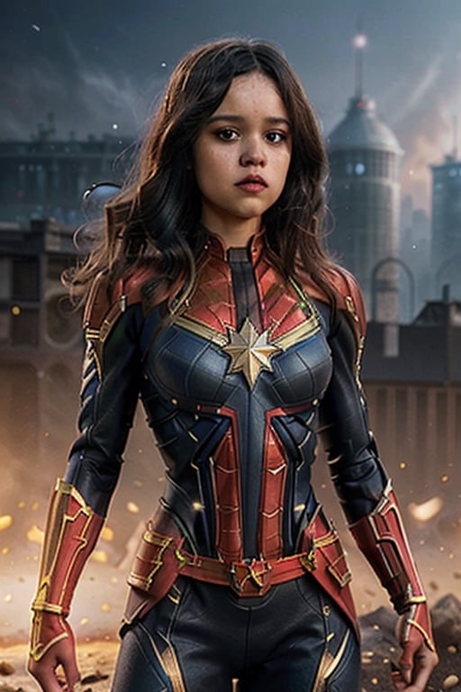 (8k, 3D, UHD, highly detailed, masterpiece} captain marvel black red and gold costume,intricate complexity, 8k resolution, octane,   • Intricately detailed render, hdr+, photoreal, hyperreal, masterpiece, perfect anatomy, hyper  realistic  hands,small perky breasts,muscular body, perfect highly detailed  hand anatomy, ,neon_genesis_girl, ,nvwashi,Orochi_Shermie,mecha_girl_figure,,futureaodai,Jenna Ortega , beautiful, flawless features, distopian space city in background,