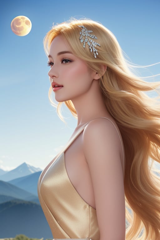 Masterpiece, High quality, photorealistic, cinematic lighting, wavy hair, long hair, animated figure, , serenity, harmony, smooth skin, half body, perspective, shadows, lighting effects, windy atmosphere, blond_hair, dark sky, mountains from afar, perfect nose, long gown, beauty, gems_hair_ornament, animated_image, flamed_background, full moon, solo girl