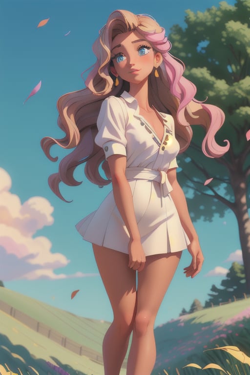 Masterpiece, High quality, photorealistic, cinematic lighting, long haired lady, animated figure, , serenity, harmony, smooth skin, tanned skin, white blouse, fields background, perfect eyes, perfect anatomy, wavy hair,  perfect legs, leaves falling from the trees, flowers on the ground, pastel colors, ribbon, trees on the background, clear sky, cloudscape