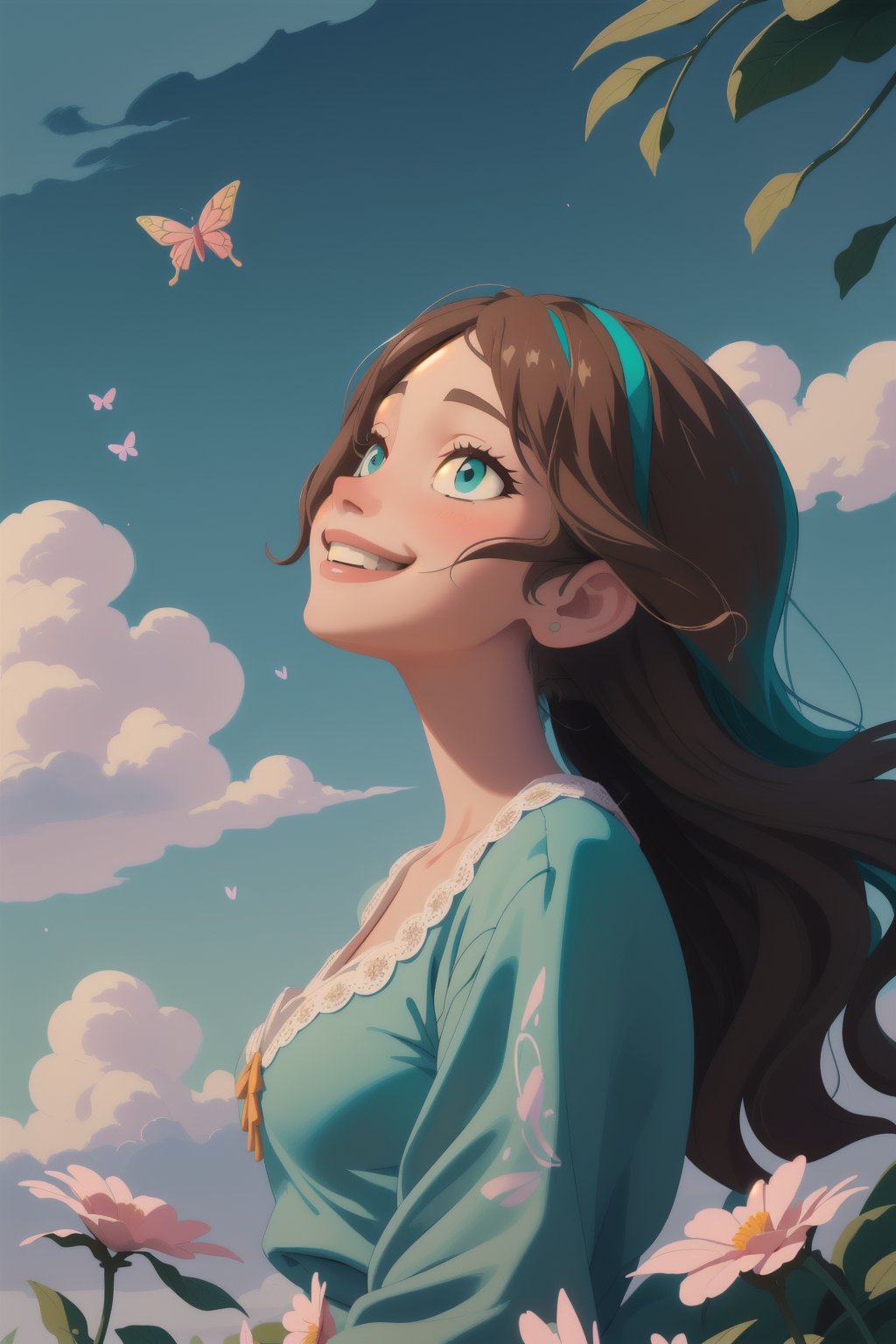 Masterpiece, high quality, harmony, peace, cool, pastel colors,  floating petals, monalisa painting, solo, smiling, brown wavy hair, teal blouse  with lace, cloudy sky, painting, shadow, values, looking up, side view, bushes, summer, butterflies, windy atmosphere