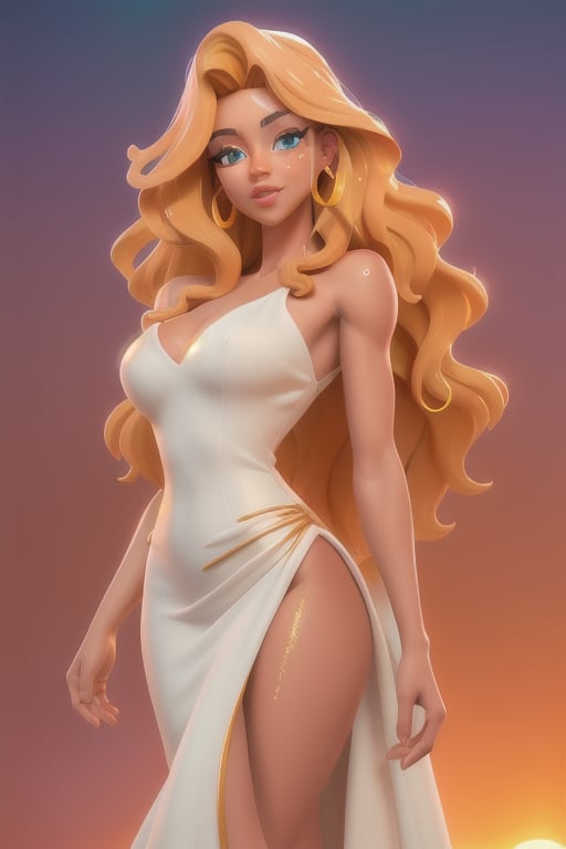 Masterpiece, High quality, photorealistic, cinematic lighting, gold long haired lady, animated figure, , serenity, harmony, smooth skin, tanned skin, white gown, splash of neon colors in the background, perfect eyes, perfect anatomy, wavy hair,  perfect legs, dripping colors, shadows, lighting effects, full moon from afar, sunset, orange sky, fogged sky 