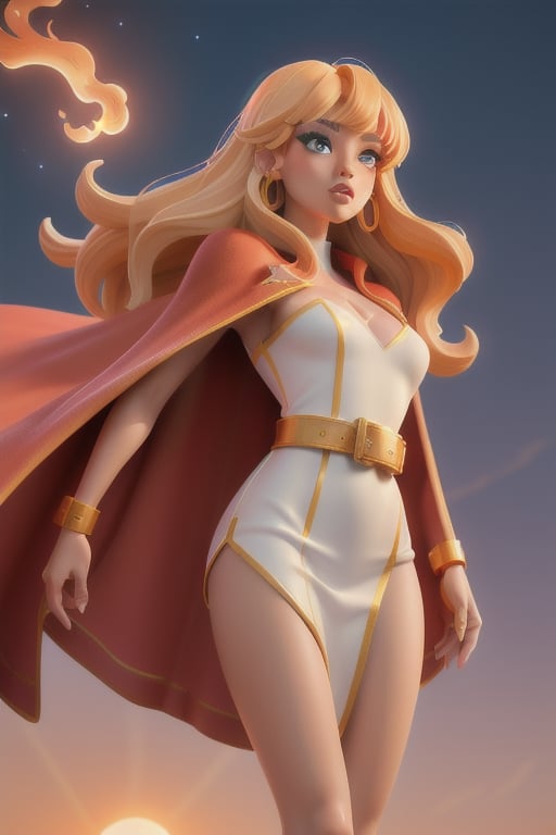 Masterpiece, High quality, photorealistic, cute bangs, cinematic lighting, gold long haired lady, animated figure, , serenity, harmony, smooth skin, tanned skin, white gown, striking neon colors in the background, perfect eyes, perfect anatomy, wavy hair,  perfect legs, dripping colors, shadows, lighting effects, full moon from afar, sunset, orange sky, fogged sky, red cape, flight_suit, metal belt, windy atmosphere, red boots,  flames at the background, galaxy 