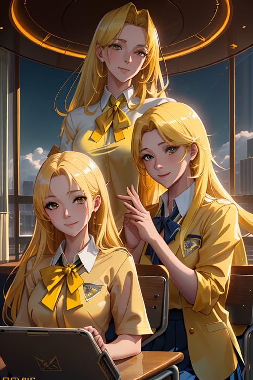 Masterpiece, High quality, photorealistic, cinematic lighting, long haired lady, yellow haired mam, , serenity, cute smile, harmony, smooth skin, tanned skin, gold blouse, student, school uniforms, three men in school uniforms, sky, skyscape