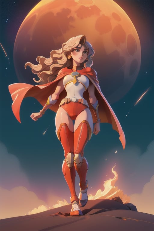 Masterpiece, High quality, photorealistic, cinematic lighting, wavy hair, long hair, gold suit, animated figure, , serenity, harmony, smooth skin, wavy hair,  perfect legs, perspective, shadows, lighting effects, windy atmosphere, stars, moon from afar, midnight, sparkling neon colors background, flames, cape, red cape, mars planet ground