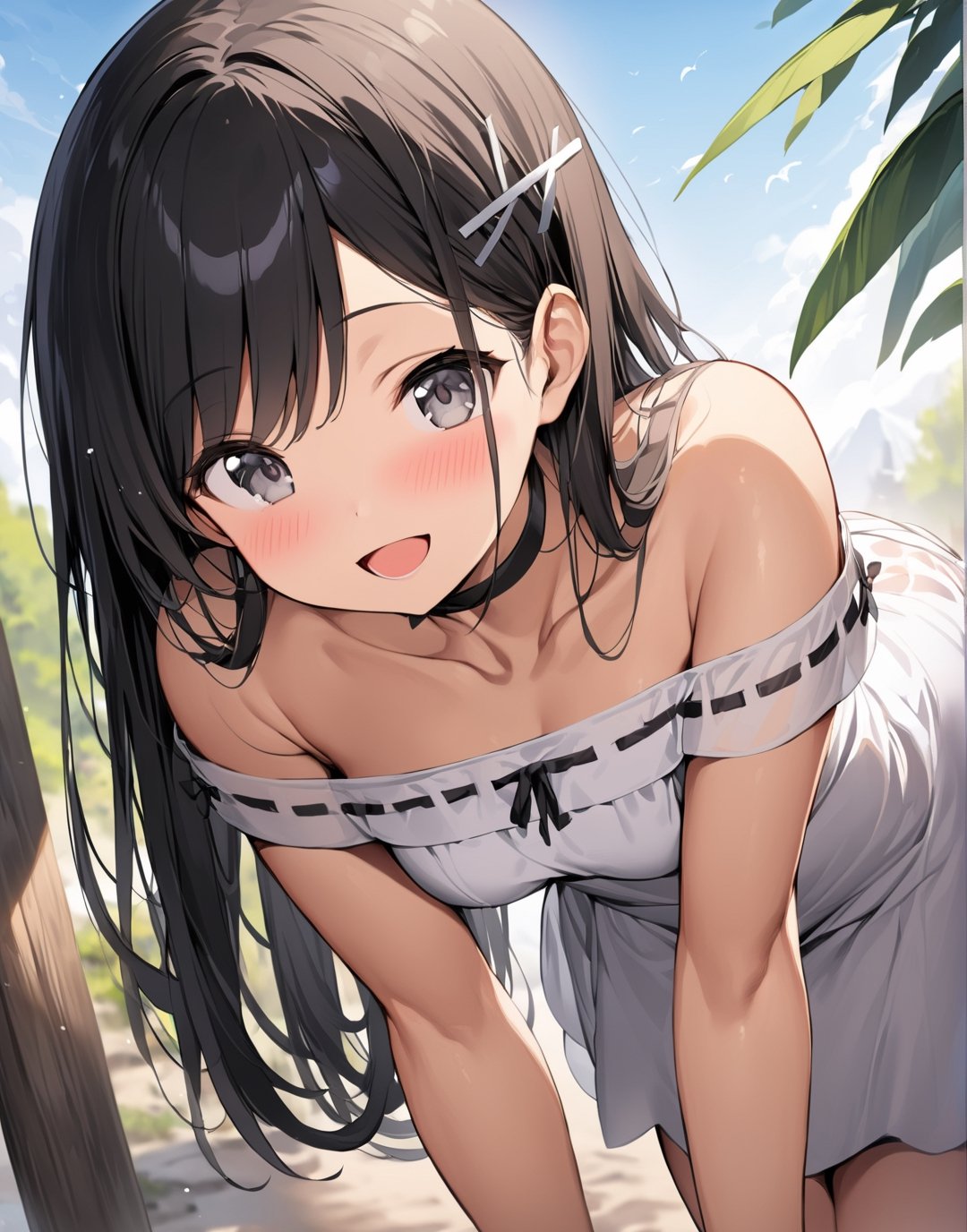 masterpiece, best quality, highres, vivid, colorful, 

1girl, solo, black hair, grey eyes, side_bangs, long hair, collarbone, off-shoulder_dress, white dress, black choker, see-through_sleeves, ribbon_trim, black ribbons, black x-hair_ornament, smile, open mouth, leaning forward, outdoors, floating_skirt,

