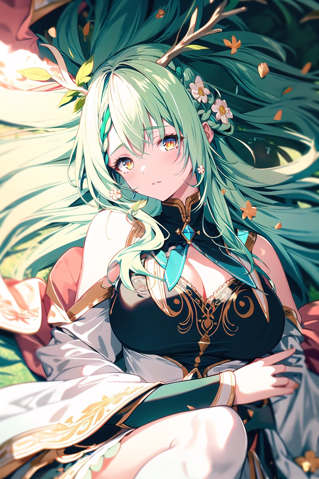 hmcf, long hair, antlers, branch, braided bangs, hair flower, yellow eyes, large breasts, jewelry, dress, cleavage, wide sleeves, green flower, single thighhigh, white thighhighs, on back, laying_down, lying_down, lying, from above, upper body,  arms_above_head, messy_hair, floating_hair, shoulder_cutout,

midjourney, flower bed, green background, green sun, green theme, green particle, green glitter, green effect, highlights, everything is green, green leaf, floating leaf, nature, green lights,