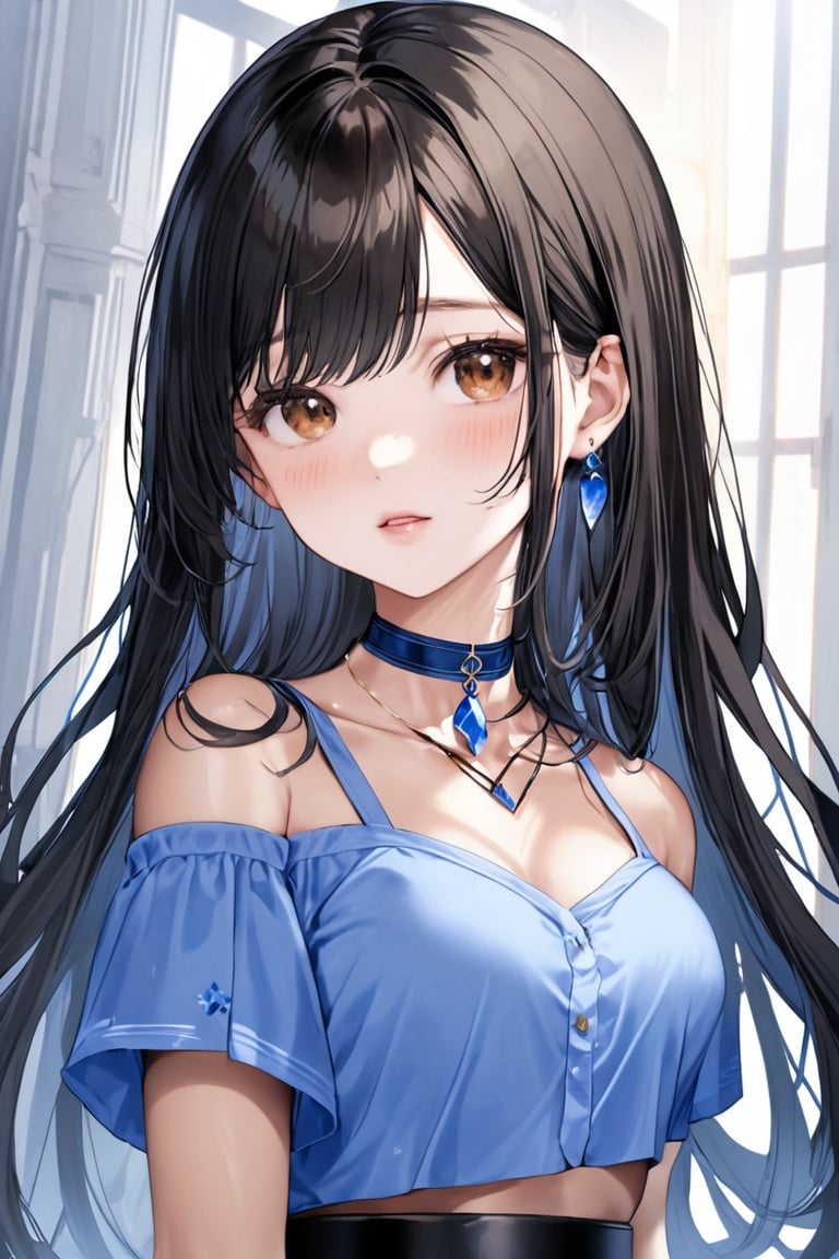 masterpiece, best quality, highres, vivid,
1girl, solo, black hair, long hair, brown eyes, collarbone, blue shirt, choker, 