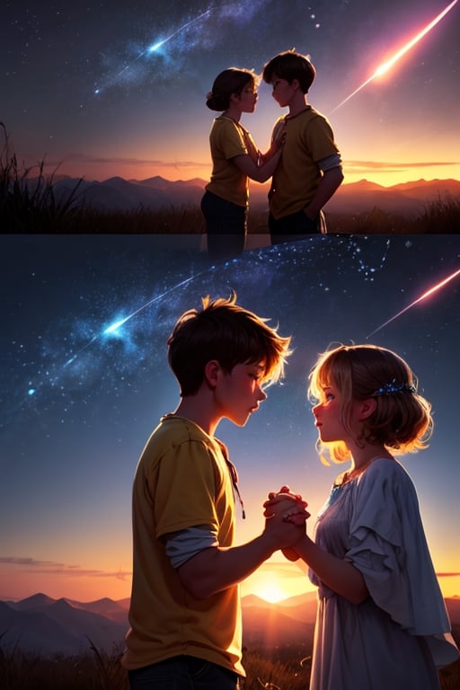 modern surrealist art,, beautiful dreamy sky background, with stars at distant, meteors falling, dreamy state, girl and boy shaking hands close up during beautiful sunset, magical, romantic ,Masterpiece