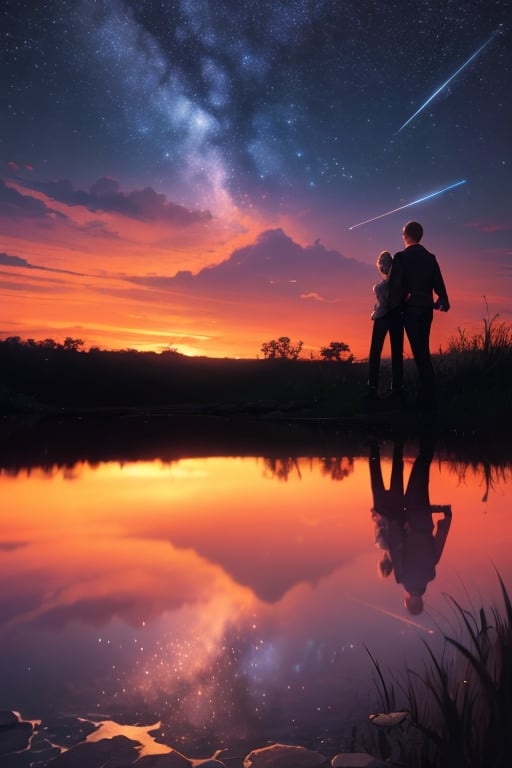 modern surrealist art,, beautiful dreamy sky background, with stars at distant, meteors falling, dreamy state, girl and boy shaking hands close up during beautiful sunset, magical, romantic ,Masterpiece