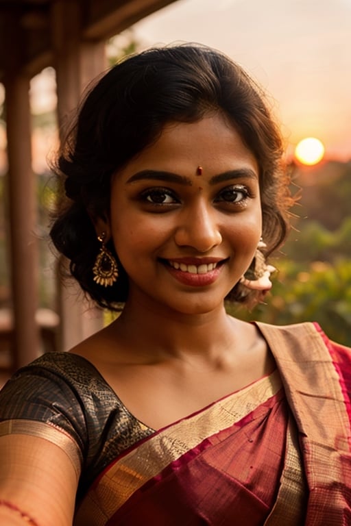 beautiful mallu woman, well structured, wearing saree, sunrise background, smiling, voluptuous, curvy_figure, well structured long face, sharp eyes, perfect eyebrows, juicy lips, dimple in cheeks, fair skintone