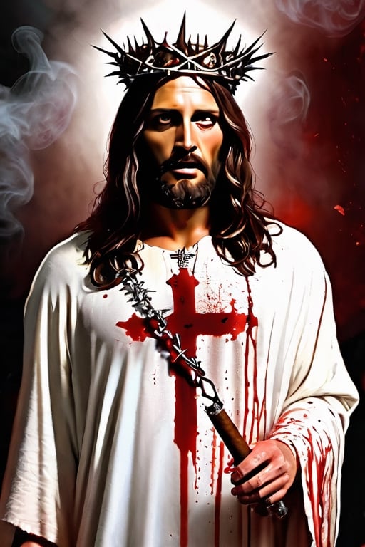 realistic, war background, , jesus christ, well built, wearing thorns crown, terrifying look, glaring eyes, smoking cigar, pointing gun at viewer, wearing silver cross chain around neck, wearing blood soaked white dress, blood everywhere, burnt,insertNameHere