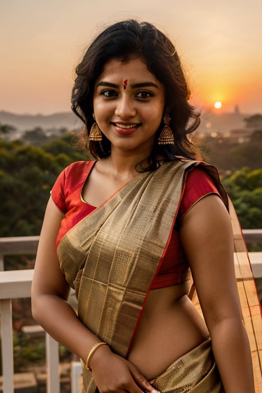 beautiful mallu girl, well structured, wearing saree, sunrise background, smiling, voluptuous, curvy_figure, well structured long face, sharp eyes, perfect eyebrows, juicy lips, dimple in cheeks, fair skintone