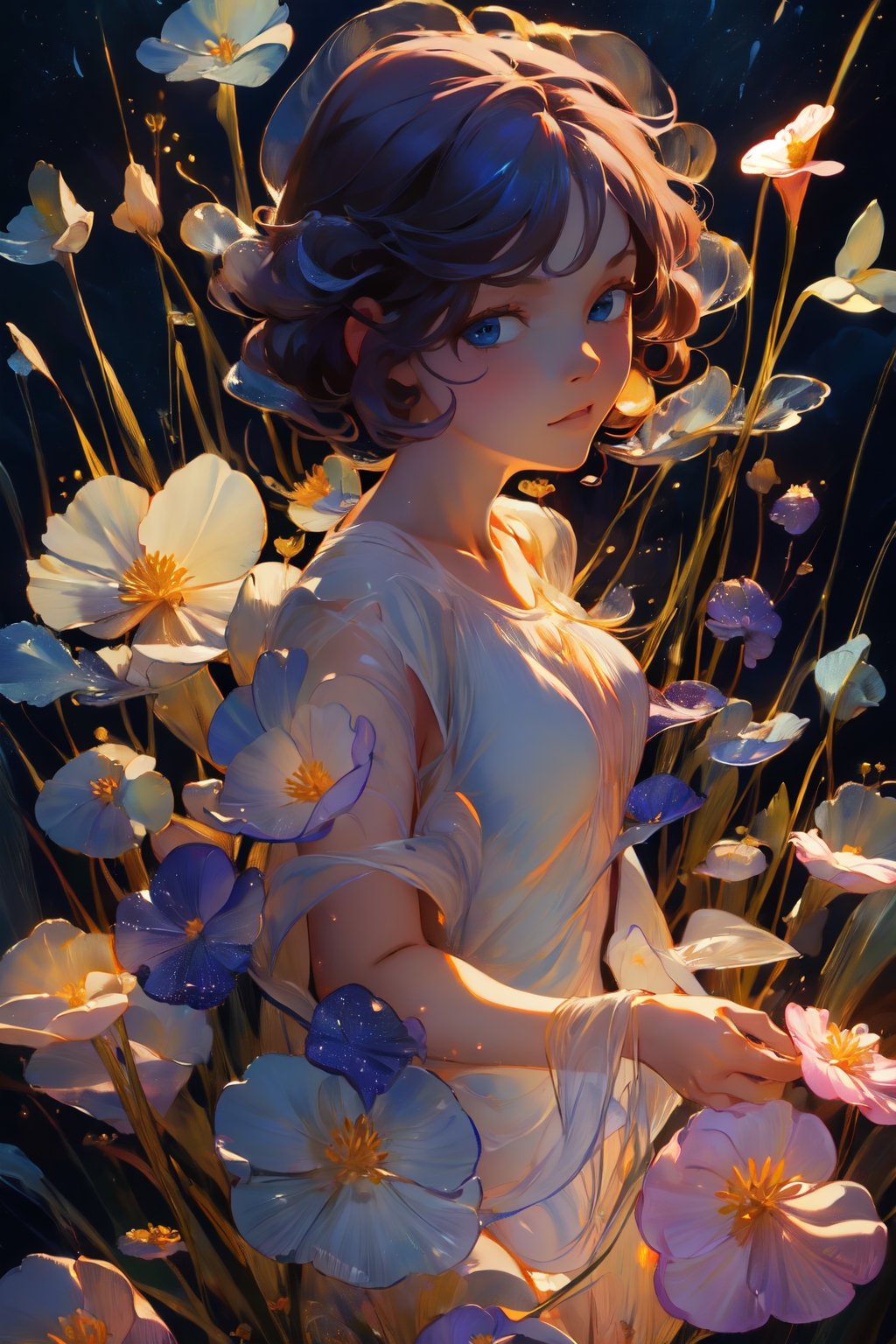 (masterpiece, best quality, highly detailed, ultra-detailed, intricate), pastel colors, a young girl, puberty girl, blue eyes, linen dress, splashing water in bathing tube,, short hair, curl hair,very small breasts, (curvy: 0.9),  background is stars and milky way on flower and grass garden 
