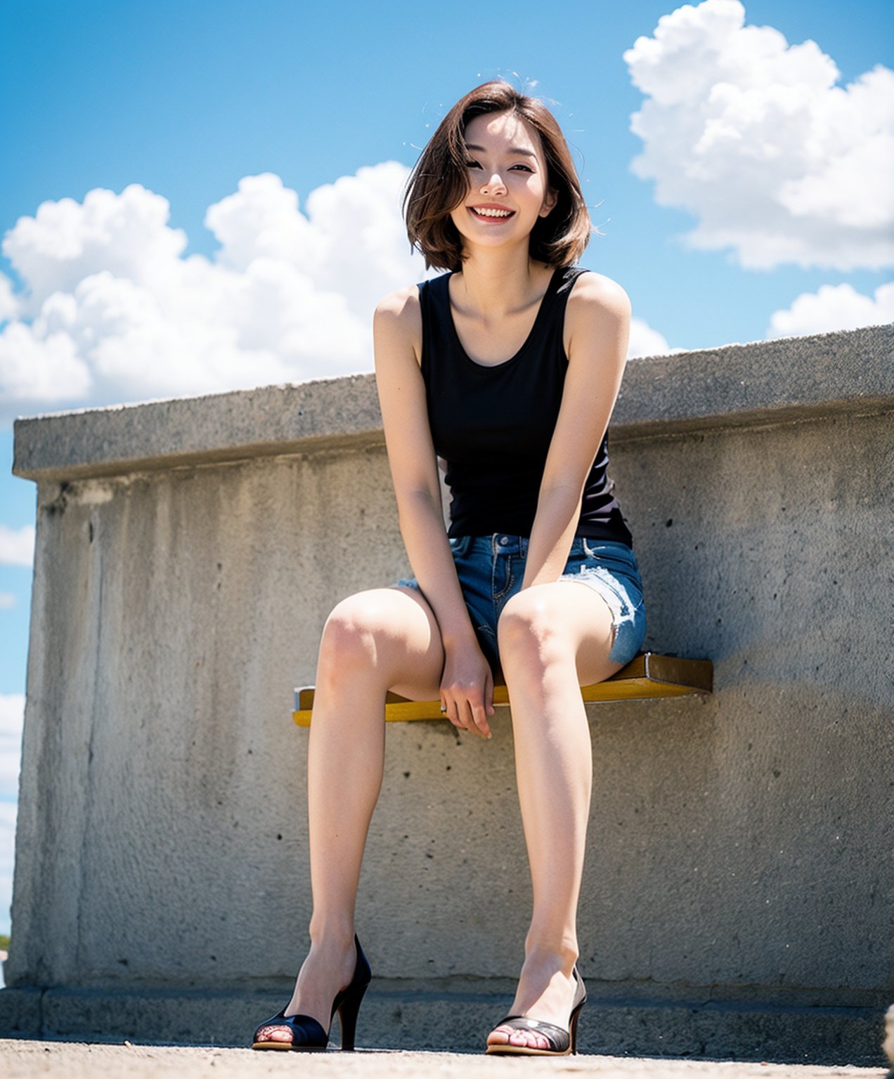 Beautiful 28 years old Korean mature female pure face, white tank top, denim shorts, sideways, face viewer, sitting on bench, hand in own hair,((full body)),background is beach, blue sky and white clouds, pier, quality, masterpiece, (photorealistic: 1.4), red brunette , smiling, 1 girl, natural lighting, from below, (best quality), incredibly detailed, stage, best quality, super high resolution, (photorealism: 1.4), 1girl